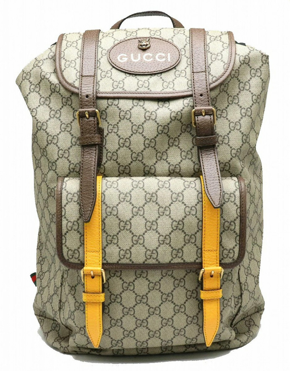 Gucci GG Supreme Courier Backpack Rucksack Tiger Cat Head Leather Brown Cream